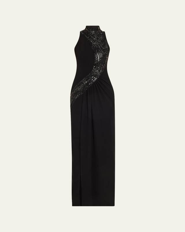 Wave Crystal Embroidered Slit Gown